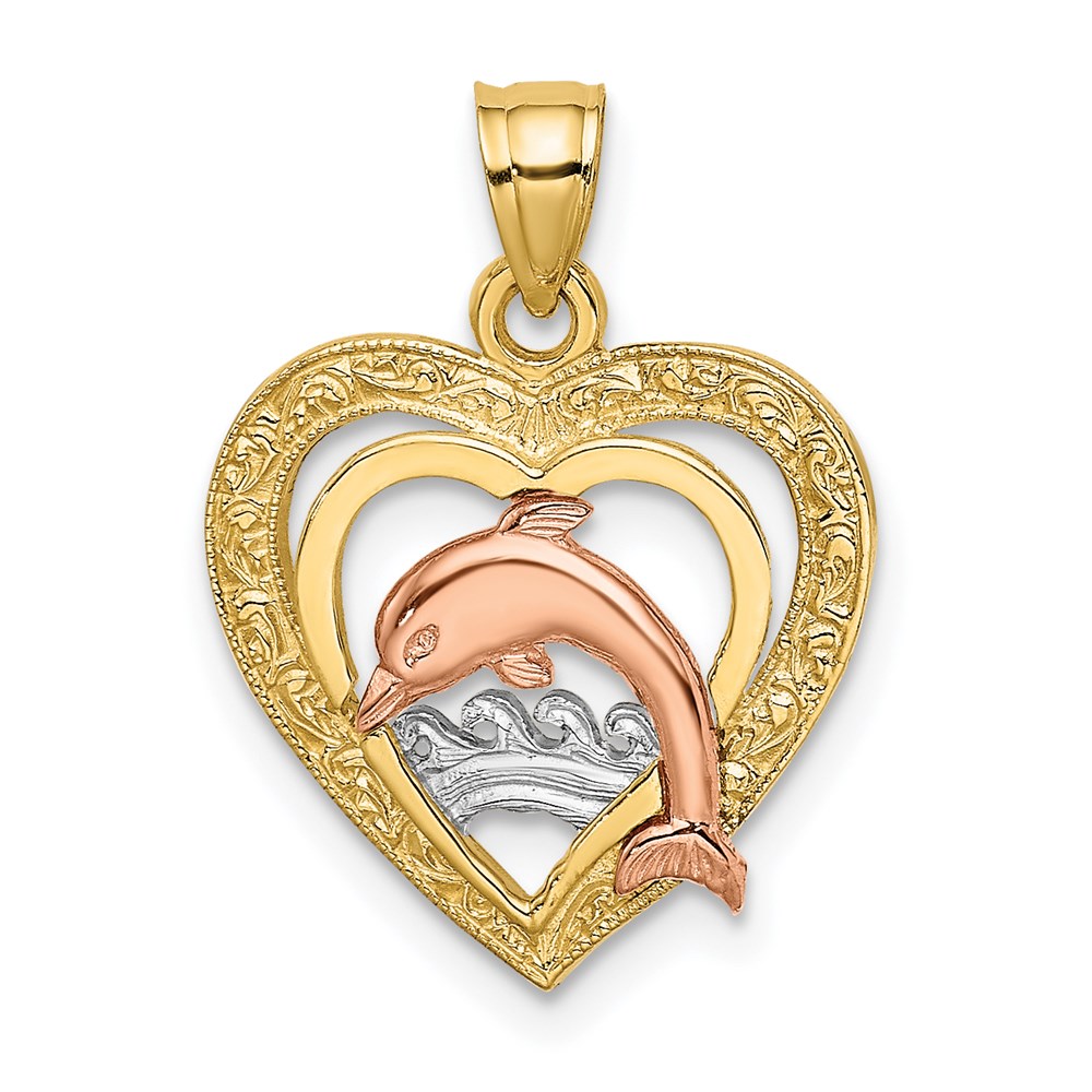 14k Two-Tone Gold With White Rhodium Small Dolphin In Heart Charm Pendant
